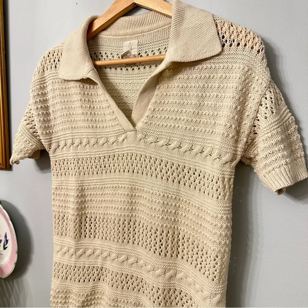 Joie V-Neck Open Knit Sweater XS Crochet Eyelet Beige Resort Travel Clean Girl - Picture 2 of 7